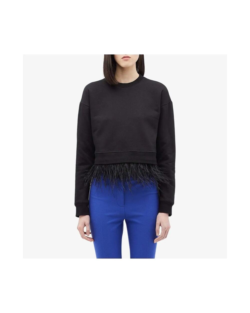 Derek Lam 10 Crosby Black Crewneck Ostrich Feather Hem Pullover Sweater Size S